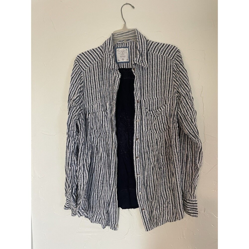Style & Co Plus Size Medallion Print Woven Pocket Button Up Shirt 1X Blue Stripe